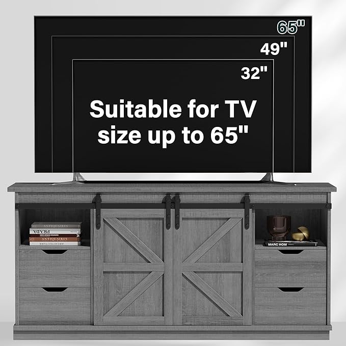 JUMMICO TV Stand with 4 Drawers for 65 Inch TV Farmhouse Entertainment Center with Storage and Sliding Barn Doors Rustic Media TV Console Cabinet with Shelves for Living Room Bedroom (Pale Gray)
