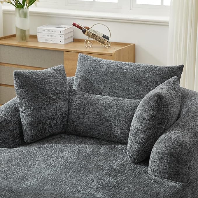 Oversized Chaise Longue Chair Indoor Modern Upholstered Chenille Deep Seat Sofa Bed with Throw Pillows and Armrests Sleeper Sofa Couch for Living Room Bedroom Apartment (Grey)