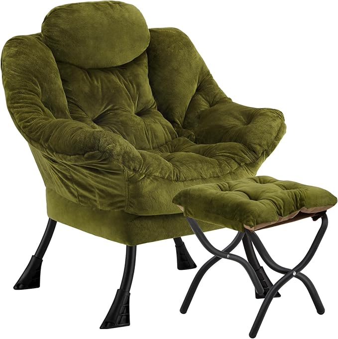 Lazy Chair with Folding OttomanLeisure Sofa ChairSoft Fabric Armchair with Armrests and Side Pockets Reading Chair with Footrest for Living Room Bedroom Office (Plush Green)
