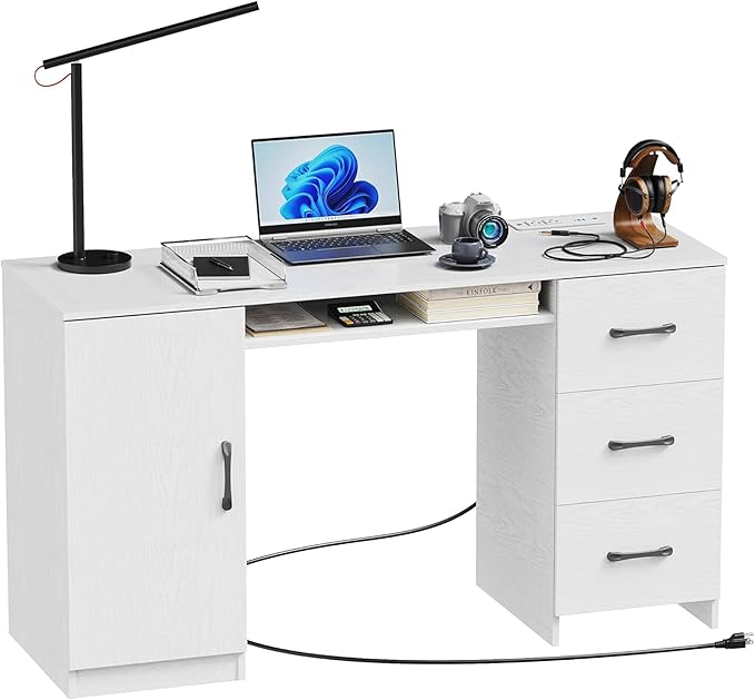 53 Inch Large Computer Desk Office Desk with Power Outlets &amp USB Charging Port Study Writing Table with Three Storage Drawers and one wooden Door Laptop PC Desk for Bedroom Study Room Office