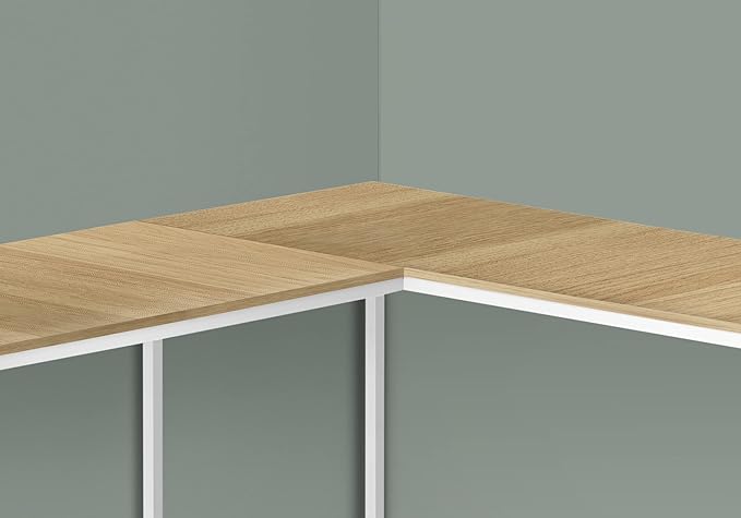 Pemberly Row Corner Computer Desk 58 L L-Shaped Design Natural Wood-Look Laminate Metal Base in White Finish Space-Saving Home Office Desk Compact and Spacious for Productivity