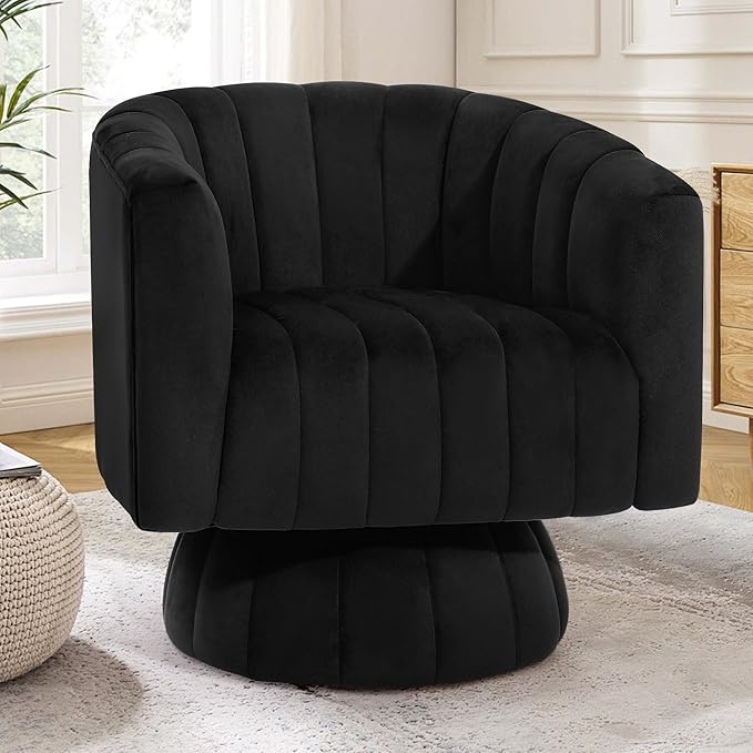 Kromax Swivel Accent Chair with Armrest Mid Century 360 Degree Swivel Barrel Chair Overstuffed Tufted Velvet Ideal for Living Room Bedroom Reading Room Black