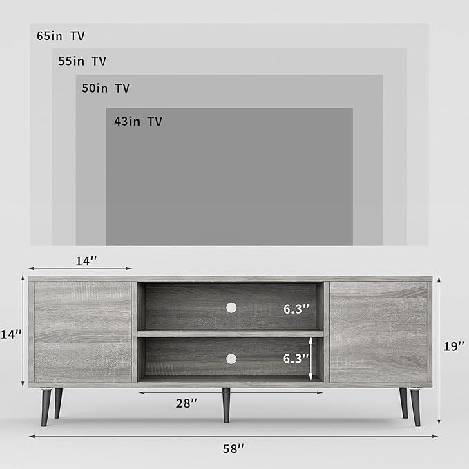 JUMMICO TV Stand for 65 Inch TV Mid Century Modern TV Stand Entertainment Center with Storage Cabinet and Open Shelves TV Console Table Media Cabinet for Living Room and Bedroom (Gray)