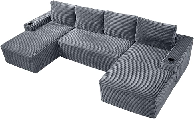 Oversized U Shaped Sectional Couch 133.5 Boneless Cloud Couches for Living Room Corduroy Comfort Modular Deep Seat Sofa with Chaise Cup Holders &amp Storage Pocket No Assembly Grey