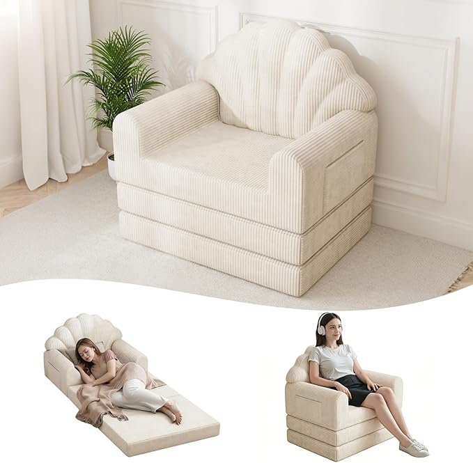 2-in-1 Folding Sofa Bed with Back Support 75 D x 34 W Convertible Futon Sleeper Chair for Adult Fold Out Bean Bag Floor Foam Lounger Couch for Living Room Bedroom Small Space Beige