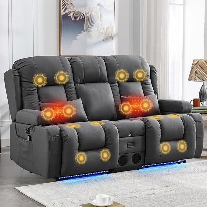 IPKIG Power Loveseat Recliner Sofa with Flip-Up Backrest Console Drawer AC Outlet LED Light Wall Hugger Recliners for Living Room RV Home Theater (Grey Loveseat)
