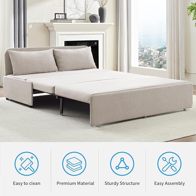 Mjkone 62 Width Pull Out Sleeper Sofa Bed Queen Size 2-in-1 Modern Convertible Linen Sofa Sleeper Pull Out Couch Bed with Cushions &amp Throw Pillows for Living Room Home Office Small Place Beige