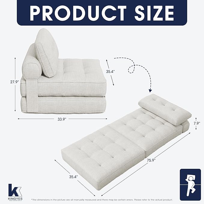KINGYES Folding Chair Bed 3 in 1 Convertible Sleeper Chair with Pillow Foldable Futon Chair for Living Room Beige
