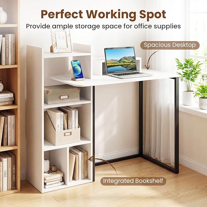 Tangkula Computer Desk with Charging Station 43.5 Study Desk with Ergonomic Monitor Stand &amp Storage Shelves Corner Writing Desk with Metal Frame Modern Home Office Computer Workstation