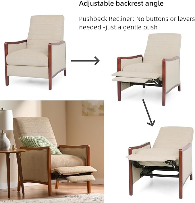 Merax Push Back Recliner Chair with Footrest Reading Lounge Accent Lazy Sofa Seating for Living Room Bedroom Dorm Mid-Century Modern Style Dorm Beige