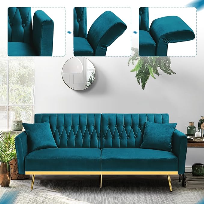 70” Velvet Futon Sofa Bed w/Adjustable Armrests and Backrest Convertible Futon Couch w/2 Pillows Modern Sleeper Bed for Living Room Bedroom Teal