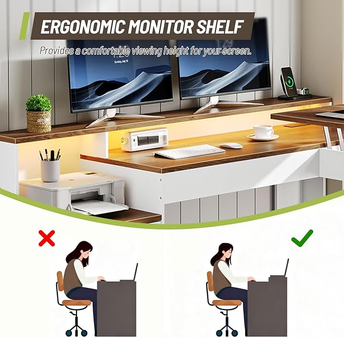 Farmhouse 63 L Shaped Standing Desk Corner Computer Desk with Drawers Office Desk with File Drawers with RGB Lighting &amp Charging Station Monitor Stand and Storage Shelves White and Walnut