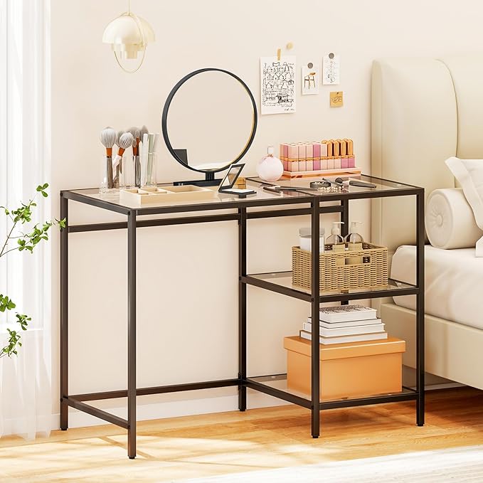 GOFLAME Computer Desk with Shelves 42” Home Office Desk with Metal Frame Tempered Glass Study Writing Table Modern Simple PC Desk for Living Room Bedroom (Black)