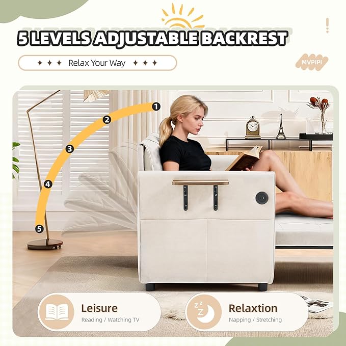Convertible Sleeper Chair Bed for Adults 90 Extra Long Pull Out Chair Bed w/USB Port Foldable Table &amp Bottom Storage 4 in 1 Single Reclining Sleeper Sofa for Dorm/Bedroom Beige