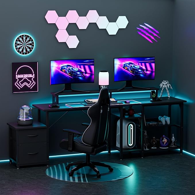 YOUNGAR L Shape Gaming Desk with File Drawers&ampPower Outlet 69.3 Inch Reversible 2 Person DeskCorner L Shape or Long Desk Set upMonitor Stand &ampStorage Shelves LED Lights &ampCPU StandBlac
