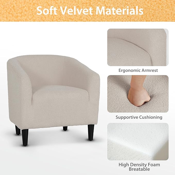 Modern Accent Chair Upholstered Barrel Armchair Single Sofa Lounge Chair with Wood Legs Comfortable Lounge Chair for Living Room Bedroom Office Small Spaces Light Gray