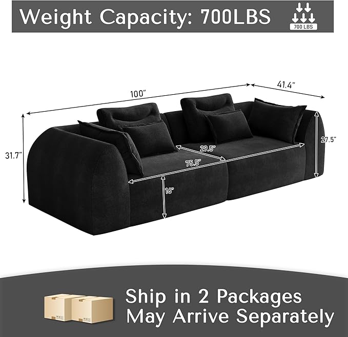 100 Oversized Sectional Sofa Chenille 3 Seater Couch Large Boneless Couch Sectional with Deep Seat Modern Cloud Sofa for Living Room Bedroom No Assembly Required Black