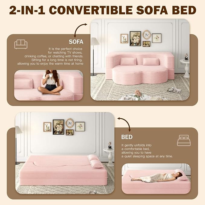 Modern 2-in-1 Convertible Sofa Bed 78 Full Size Corduroy Floor Sofa with 2 Pillows Folding Mattress Sleeper for Living Room &amp Guest Room No Assembly Required