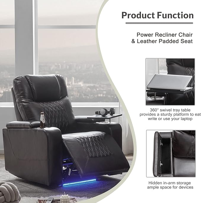 Merax Power Motion Recliner with USB Charging Port and Hidden Arm Storage 2 Convenient Cup Holders Design and 360° Swivel Tray TableBlack