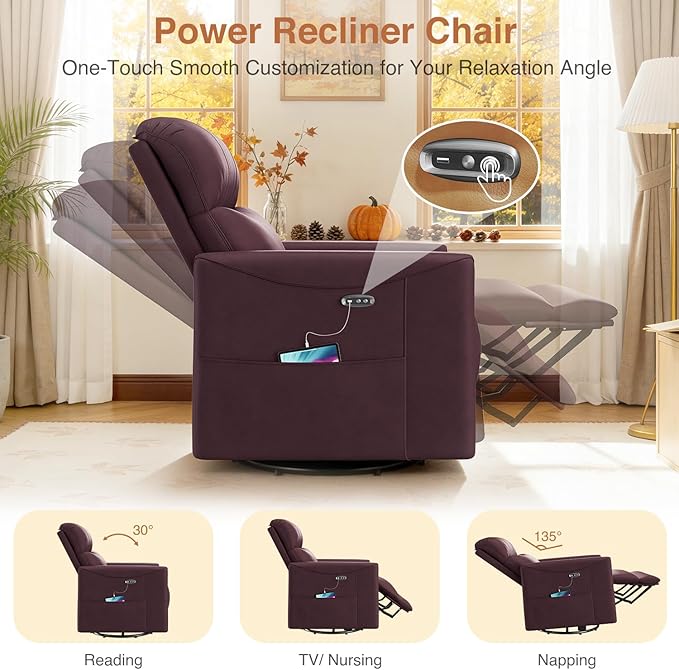 Kidirect Power Swivel Rocker Recliner 360° Swivel Recliner Chairs for Nursery Pu Leather Power Recliner Chair with USB Port and Side Pocket Electric Glider Rocking Chair for Living Room