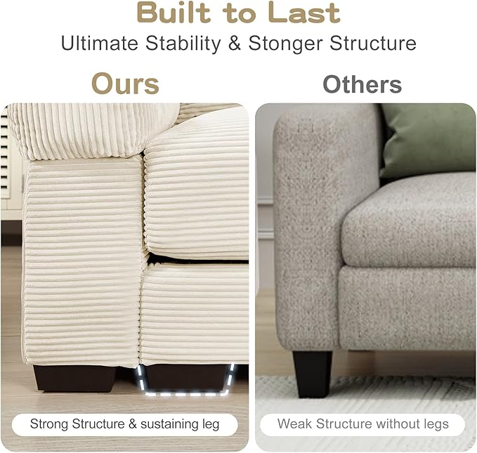 79.2 Oversized Modular Sectional Sofa Corduroy Large Sectional Couches for Living Room Love Seat Couches with 1 Movable Ottoman Modern Deep Seat Sofa Set with Chaise White