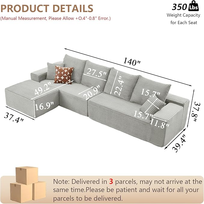 140 Modular Sectional Sofa Modern Corduroy Cloud Couch with Deep Seat Boneless Couch Upholstered 4-Seater L-Shaped Sofa for Living Room No Assembly Required (Grey 1 Ottoman)