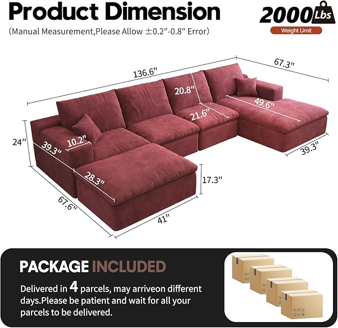 136.6'' U-Shaped Modern Modular Sectional Cloud Couch Whit Ottoman 4-Seat Chenille Deep-Seat Sofa with Pillow for Living Room Bedroom Apartment Wine Red