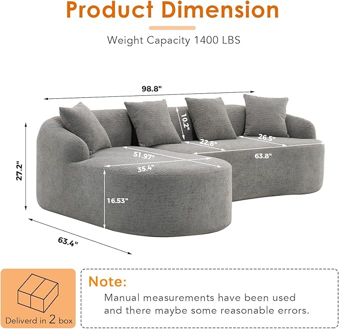 Curved Sectional Sofa Couch Oversized L Shape Deep Seat Cloud Couch Modern Chenille 4-Seater Sofa with Chaise No Assembly Required Couches for Living Room Apartment Office Grey