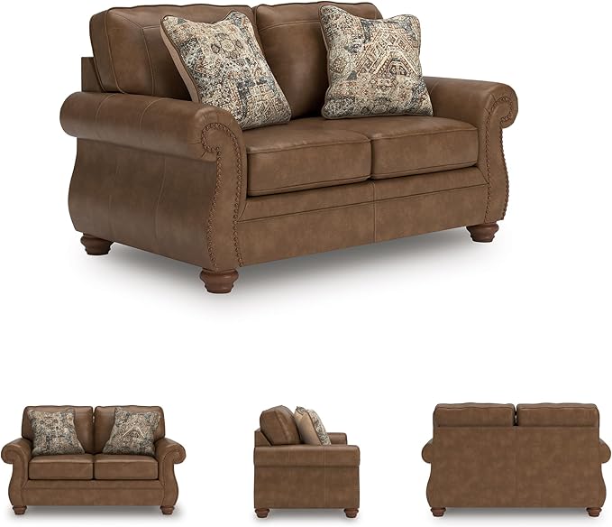 Signature Design by Ashley Shadsburne Rustic Faux Leather Loveseat with Nailhead Trim and 2 Throw Pillows Brown