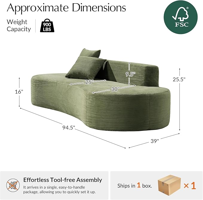 HULALA HOME 94.5 Curved Boneless Couch with Two Pillows Oversized 3 Seater Compressed Foam Sofa with Deep Seat Modern Cloud Couch for Living Room No Assembly Required Green