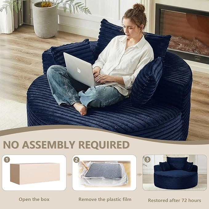 55 L Corduroy Sponge Single Sofa Oversized Round Chair Fluffy Modern Sleeper Chairs for Living Room Lounge and Projection Room Wide Armrest Lounge Chairs Armchair with Pillow Blue