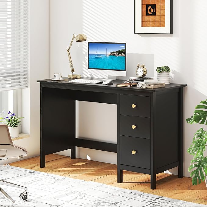 GOFLAME Computer Desk w/ 3 Drawers 48 Wide Writing Desk with Storage Laptop Study Desk w/Anti-tip Kit Modern Home Office Desk Wooden Workstation Vanity Table for Study OfficeBlack
