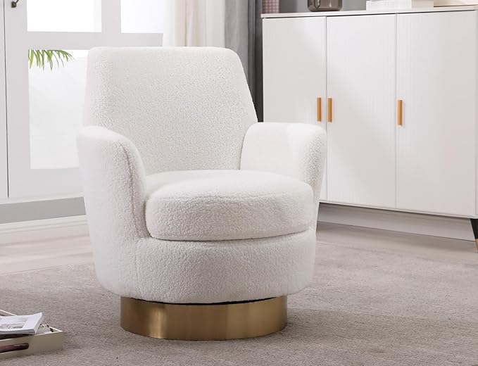 KEIKI Teddy 360° Swivel Barrel Chair with Gold Stainless Steel Base Accent Round Single-seat Upholstered Reading Sofa Armchair for Nursery Reading Living Room Bedroom Lounge Hotel Ivory Teddy