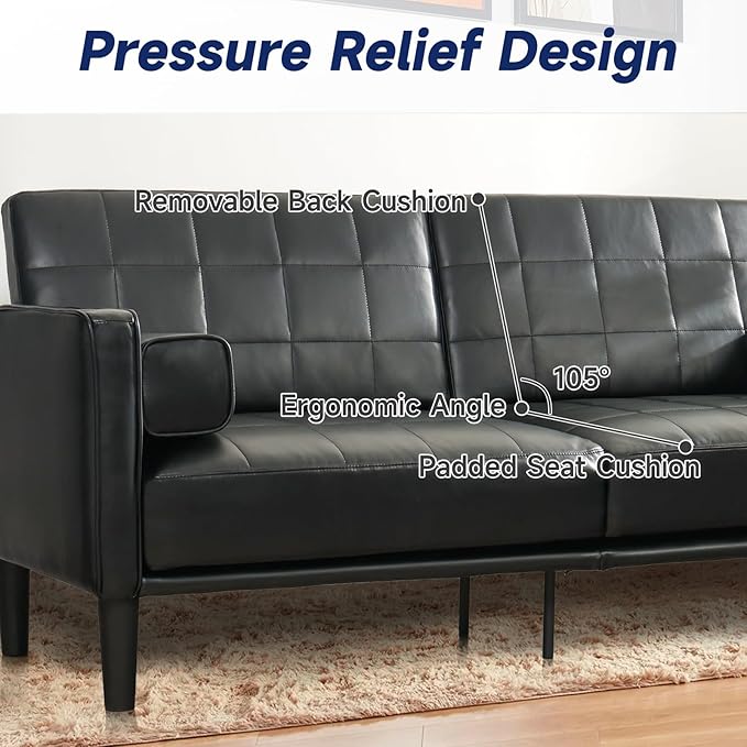 70” Mid-Century Modern Couch Breathable Faux Leather Couch with Upholstered Cushions/Pillows Loveseat Sofas &amp Couches for Living Room (Black)