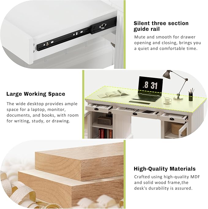 67 Modern White Executive Desk Computer Desk with 2 Glass-Door Cabinets &amp 3 Drawers White Home Office Desk Writing Table with USB Ports Study Workstation for Living Room (White+Glasses)