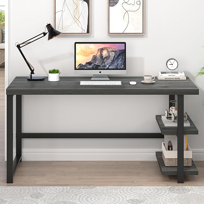 EXCEFUR Industrial Computer Desk Home Office Desk with Storage Shelves Wood Study Writing Table for Bedroom Living Room Grey 53 Inch