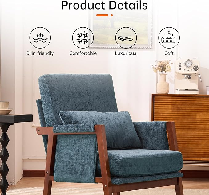 Accent Chairs Set of 2 Mid-Century Modern with Lumbar Support Pillow Upholstered Living Room Chairs with Wooden Chenille Armchair with Cushion Anthropologie Side Chair for Bedroom Navy