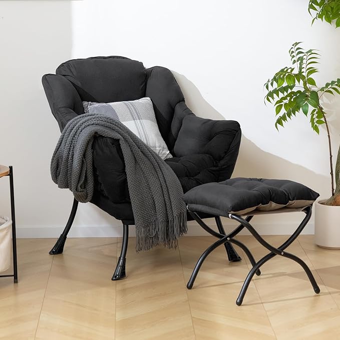 HollyHOME Lazy Chair with Foldable Ottoman Accent Comfy Lounge Armchair and Folding Footrest Stool Leisure Sofa Reading Chair and Footstool for Living Room Bedroom DormPeachskin Fabric Black