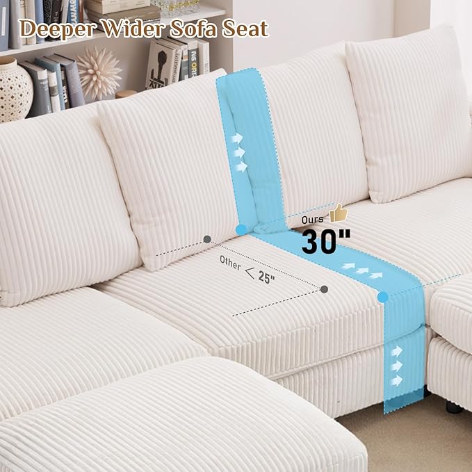 110 Oversized Cloud Couch U Shaped Modular Sectional Sofa L Shaped Sectional Couches for Living Room Comfy Corduroy Cloud Sofa with Ottoman USB Port Cup Holder Armrest Storage Side Pocket Beige