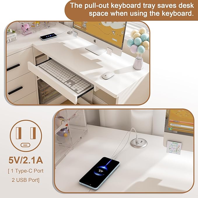 62 Inch L Shaped Office Desk with LED Light &amp Power Outlet Corner Computer Desk with Glass Cabinets Keyboard Tray Larger Gaming Desk for Home Office Study (White)
