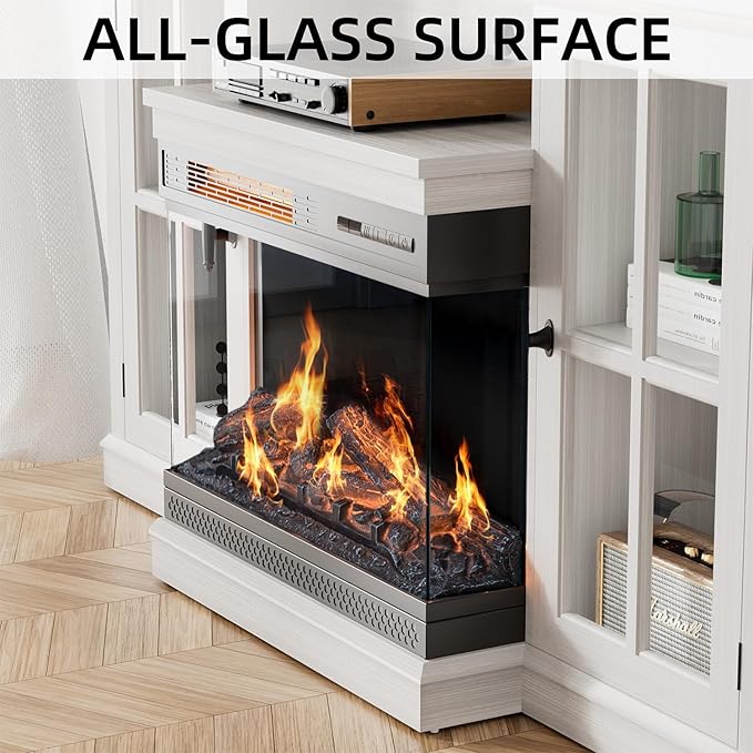 YESHOMY Glass Fireplace TV Stand for TVs up to 65 Inch Media Entertainment Center with Storage White Wash