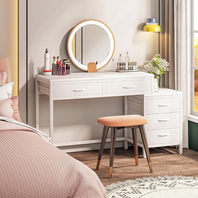 Tribesigns Computer Desk with 5 Drawers Home Office Desks with Reversible Drawer Cabinet Printer Stand Industrial PC Desk with Storage White Study Writing Table Workstation for Small Spaces