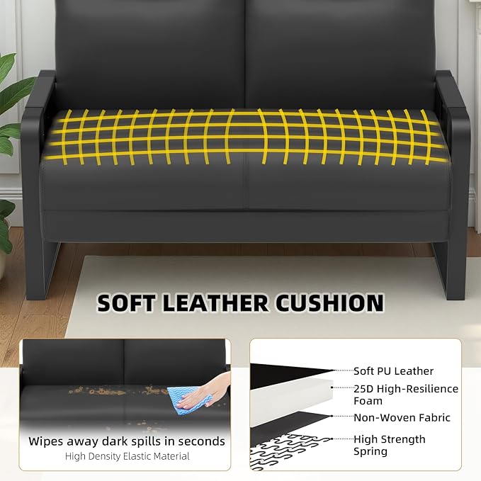 Faux Leather Loveseat Couch for Living Room Bedroom Office Small Sofa 2 Seater Couch with Flip Up Tray Table Side Pockets Leather Loveseats Black