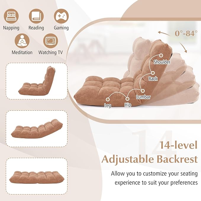 14-Position Floor Sofa Folding Gaming Sofa Chair Comfy Cushions &amp Study Steel Frame Angle Adjustable Sleeper Bed Couch Recliner (Tan)