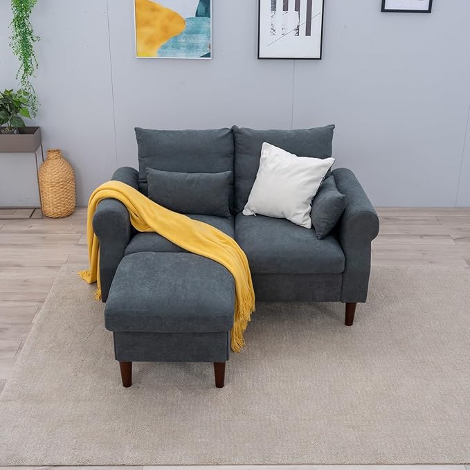Panana Convertible Sectional Sofa CouchL-Shaped 2 or 3-Seat Sofa Sectional with Reversible Ottoman for Small Living Room Apartment (Gray Linen Fabric 2 Seater with Ottoman - Scroll arms)
