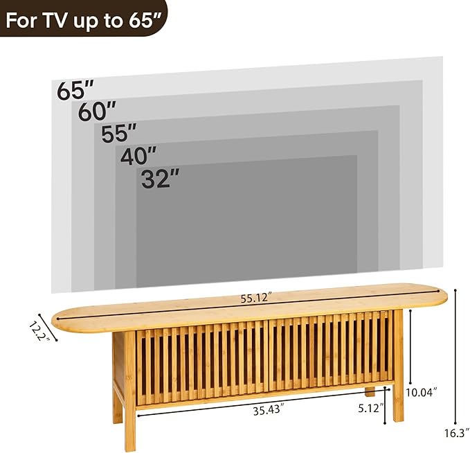 Bamboo TV Stand for TVs up to 65 Accent Entertainment Center with Storage Media Console Table with Fence Door Modern TV Stand for Living Room Bedroom 55(L) Burlywood