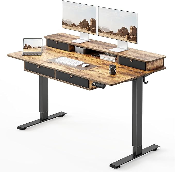 CubiCubi 48 x 24 Standing Desk with Drawers Electric Height Adjustable Workstation Computer Sit Stand Up Office Table with Large Storage Shelf 4 Drawers and 2 Hooks Vintage Brown