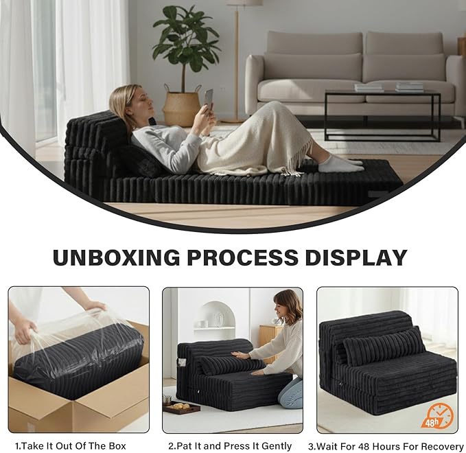 Tiita Folding Sofa Bed Single Size Convertible Sleeper Chair Mattress with Pillow Thick Corduroy Floor Mattress Couch Bed with Side Pocket Guest Room Dorm Apartment Black