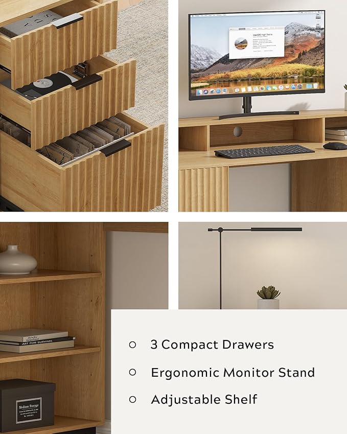 55'' Fluted Executive Desk with Drawers Modern Home Office Computer Desk with Charging Station File Drawer Monitor Stand Storage Shelf for Work Writing Study Natural Oak