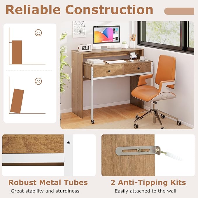 Tangkula Extendable Computer Desk with 2 Drawers Small Writing Desk with Pull Out Secondary Desk Console Table Wood Study Workstation Laptop Desk for Small Space Home &amp Office (Natural)